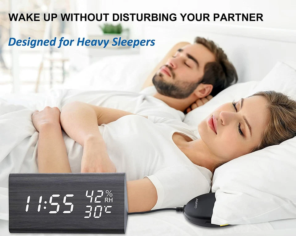 CoolFire Wooden Digital Alarm Clock w/ Vibrator Bed Shaker for Heavy Sleeper - Image 3 of 4