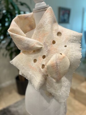 Felt Art/ Nuno Felted Shawl  Mother-of-Pearl /Eyelet Accents/ Size 24x67x64.5 in