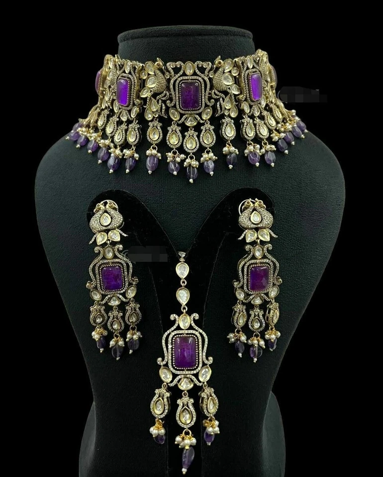 Conjunto de joyería Tika collar rubí estilo Bollywood real enchapado en oro indio Foto 3 de 4