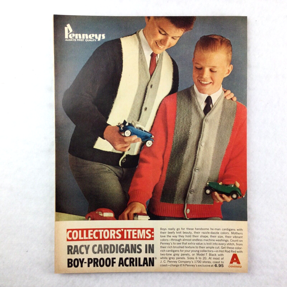 JC Penneys Vtg 1964 PRINT AD 60s Fashion Boys Cardigan Color Block Race Cars