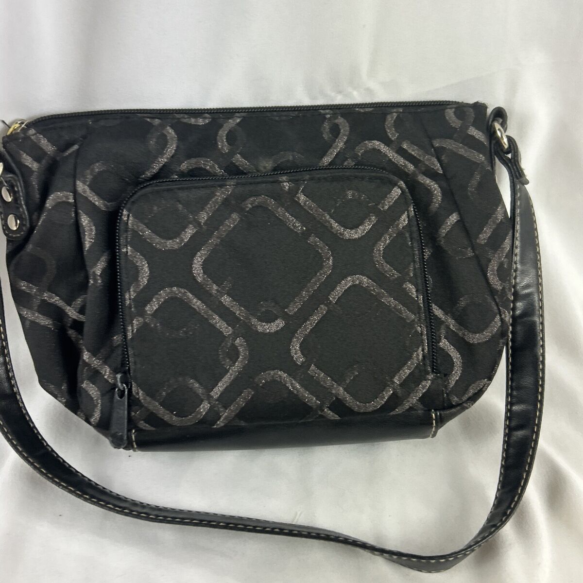 Treviso Black Handbag Purse Silver Loop Design Zip And Snap Treviso Black Handbag Purse Silver Loop Design Zip And Snap