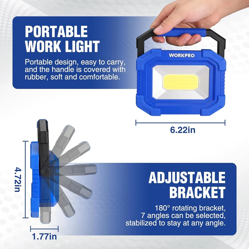 WORKPRO LED Work Light Rechargeable Magnetic with Stand 2 Pack 4Modes 2000LM COB - Image 3 of 4