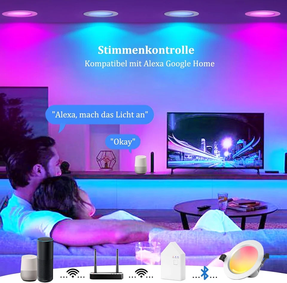 5W-9W Bluetooth WIFI LED Einbaustrahler RGB+WW+CW Einbauleuchte Decken Dimmbar - Bild 4 von 4