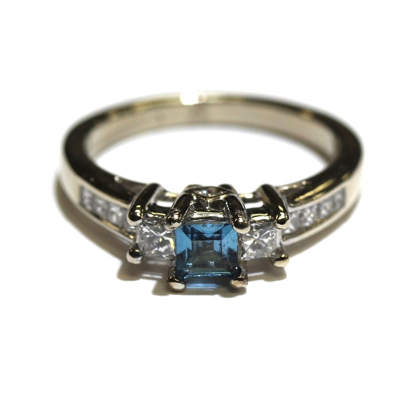 14k white gold blue topaz gemstone December birthstone princess diamond ring