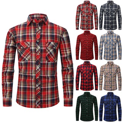 Herren Knopf Kragen Bluse Kariert Langarm Hemd Freizeit Hemden Taschen Oberteile