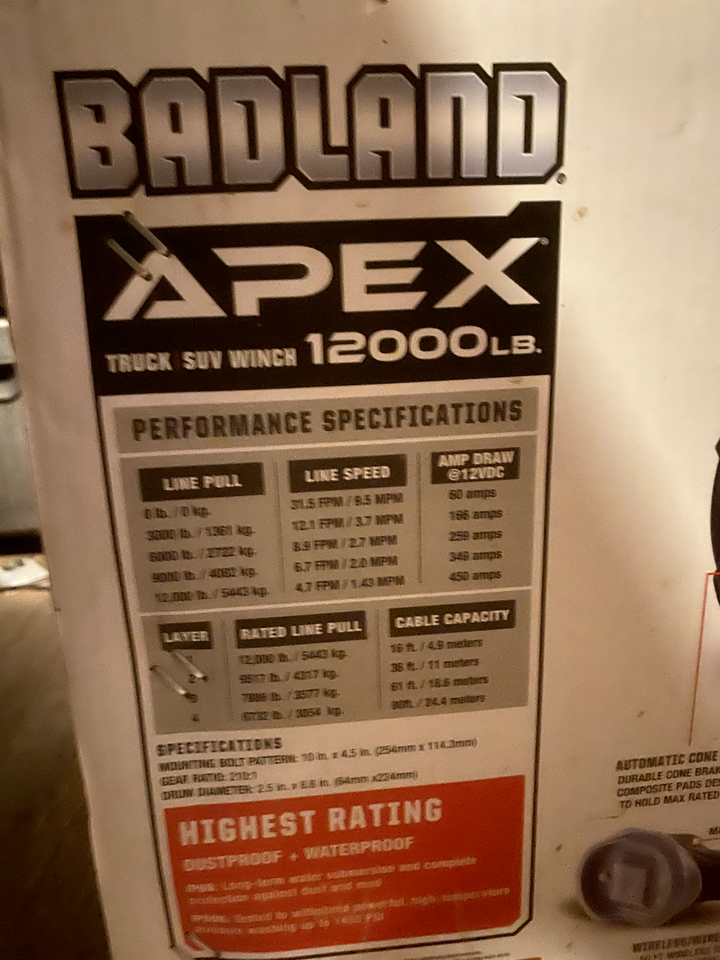 Badland Apex 12000lb Off Road Truck/SUV 4x4 Winch Wire Rope