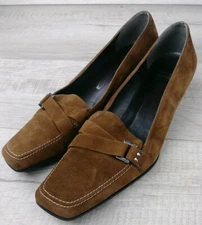 Stuart Weitzman Brown Suede Square Toe Loafer Heels, Size 8.5 M