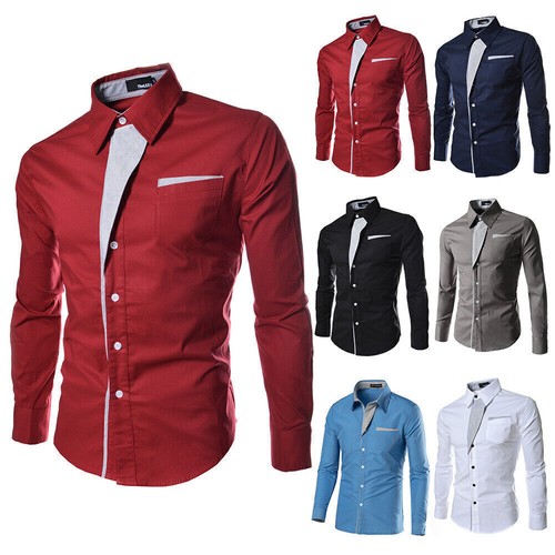 Men Contrast Button Down Shirt Smart Dress Shirt Work Long Sleeve Lapel Shirt, - Picture 11 of 18