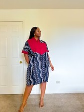 African print bubu/kaftan for women, black/white Ankara design with red cotton.