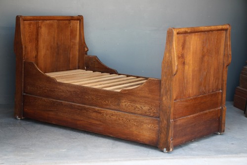 Antique French Empire sleigh bed daybed big drawer original 1820 solid oak - Picture 4 of 13