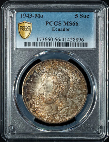 1943 Ecuador Silver 5 SUCRES (Cinco) PCGS MS-66 KM-79