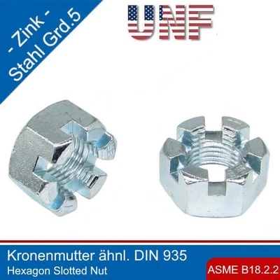 Mutter Crénelée UNF ASME B18.2.2 Grade 5 Acier Zingué Hexagonale - Photo 1/4