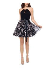 BLONDIE Womens Black Spaghetti Strap Short Fit + Flare Dress 7