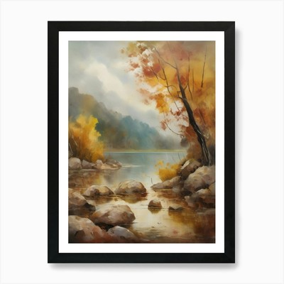 Forest Lake, Autumn Lake, Vintage O Framed Wall Art Poster Canvas Print Picture