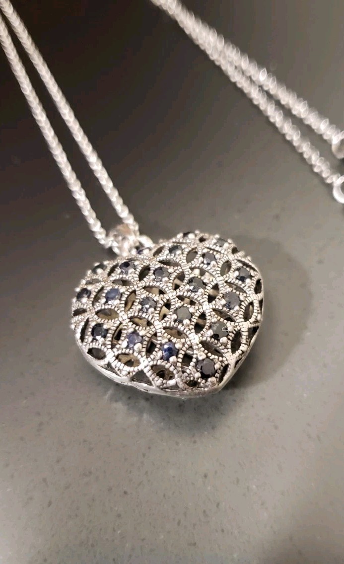 925 Solid Sterling Silver Puffed Heart Pendant Ne… - image 2