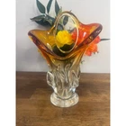 Vintage Amber Murano Style Art Glass Vase Hand Blown Basket Sculptural MCM Decor