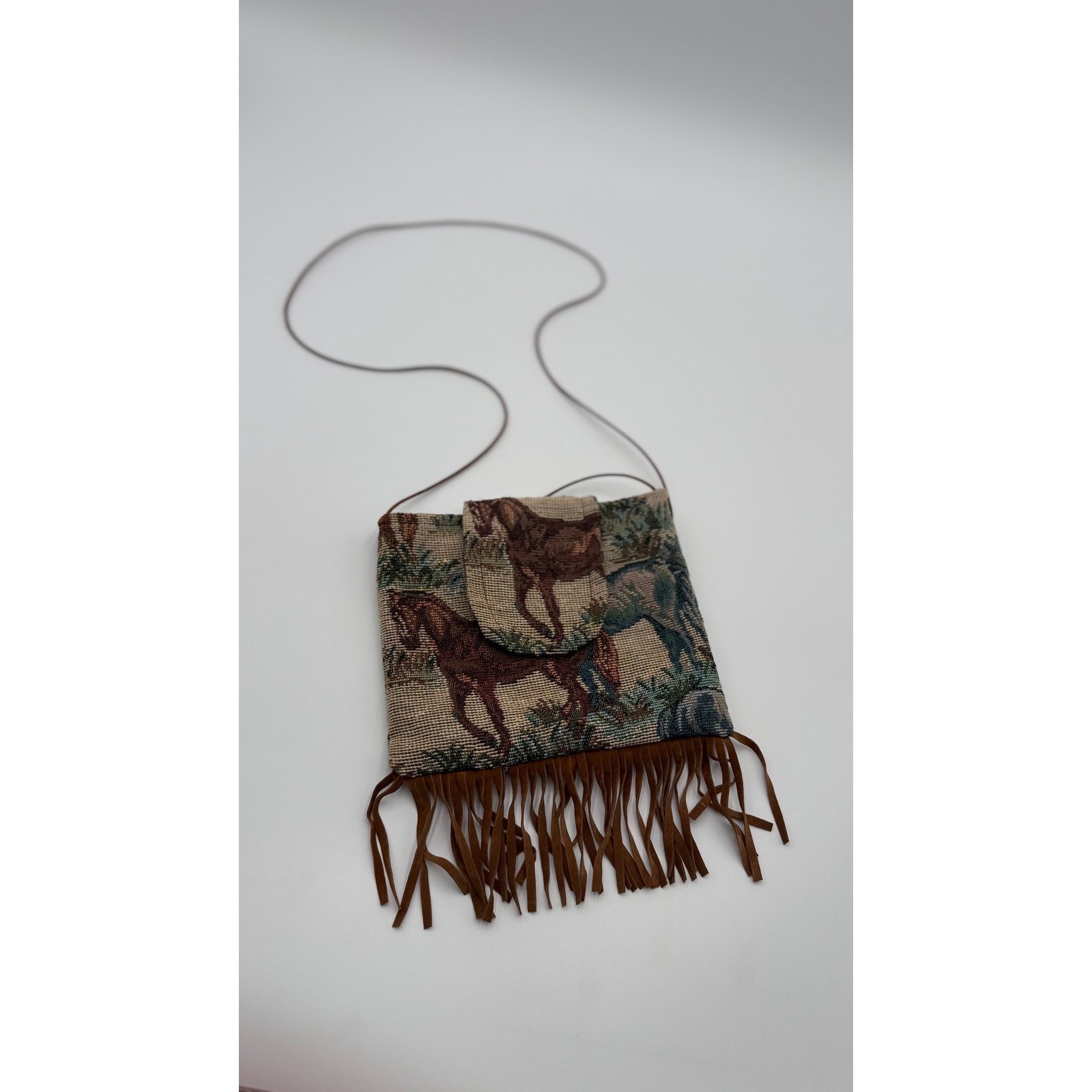 Vintage Style Horse Tapestry Crossbody Bag with Brown Fringe Western Boho Pouch