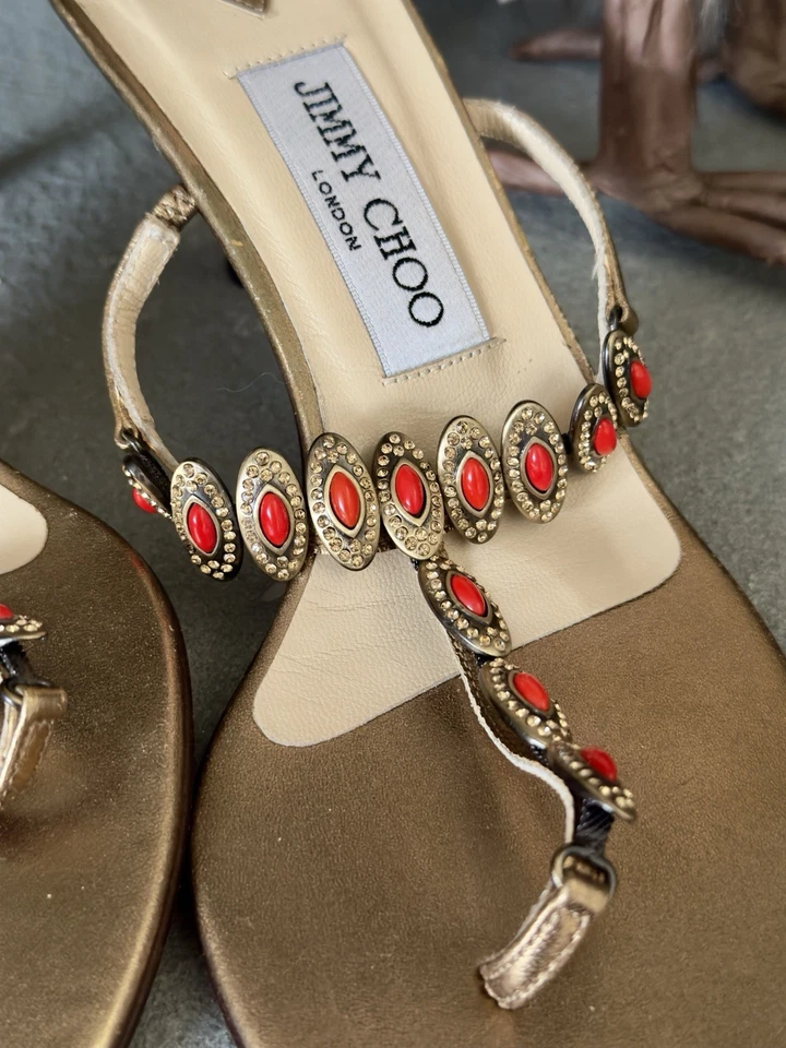 JIMMY CHOO стринги T ремень платье каблука сандалии украшенный драгоценными камнями металлик золото красный Cor G2U - Изображение 4 из 4