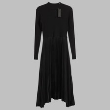 Elie Tahari Dress Womens Medium Black Mock Neck Pleated Skirt Fit Flare Midi