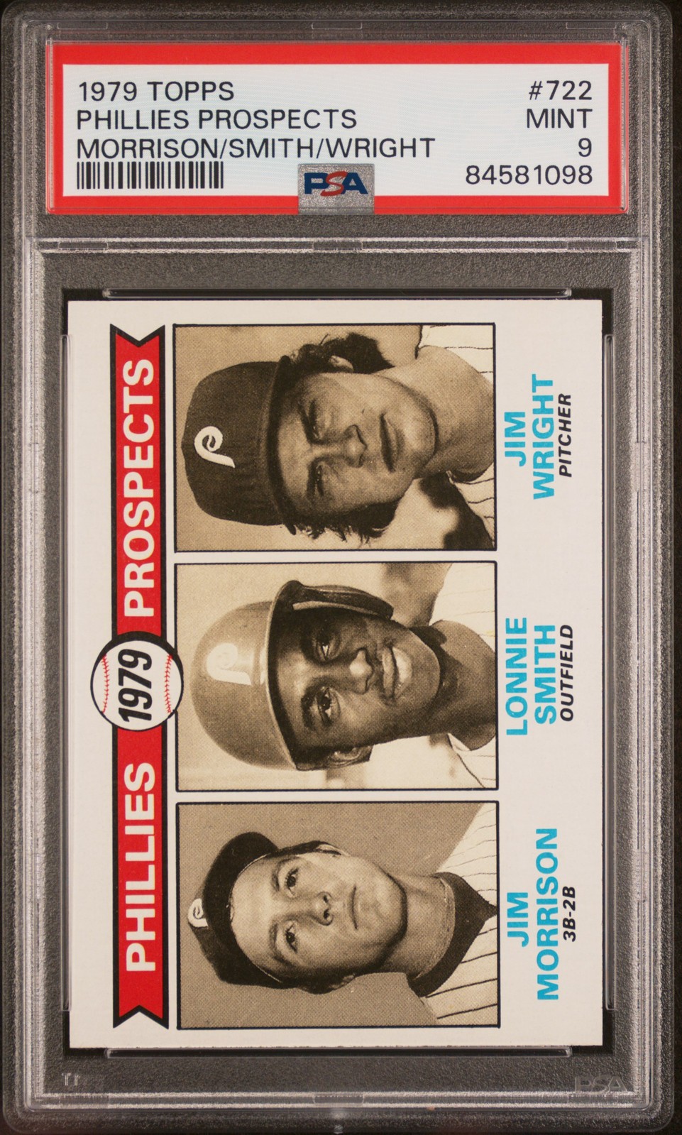 1979 TOPPS MORRISON/SMITH/WRIGHT #722 PHILLIES PROSPECTS PSA 9