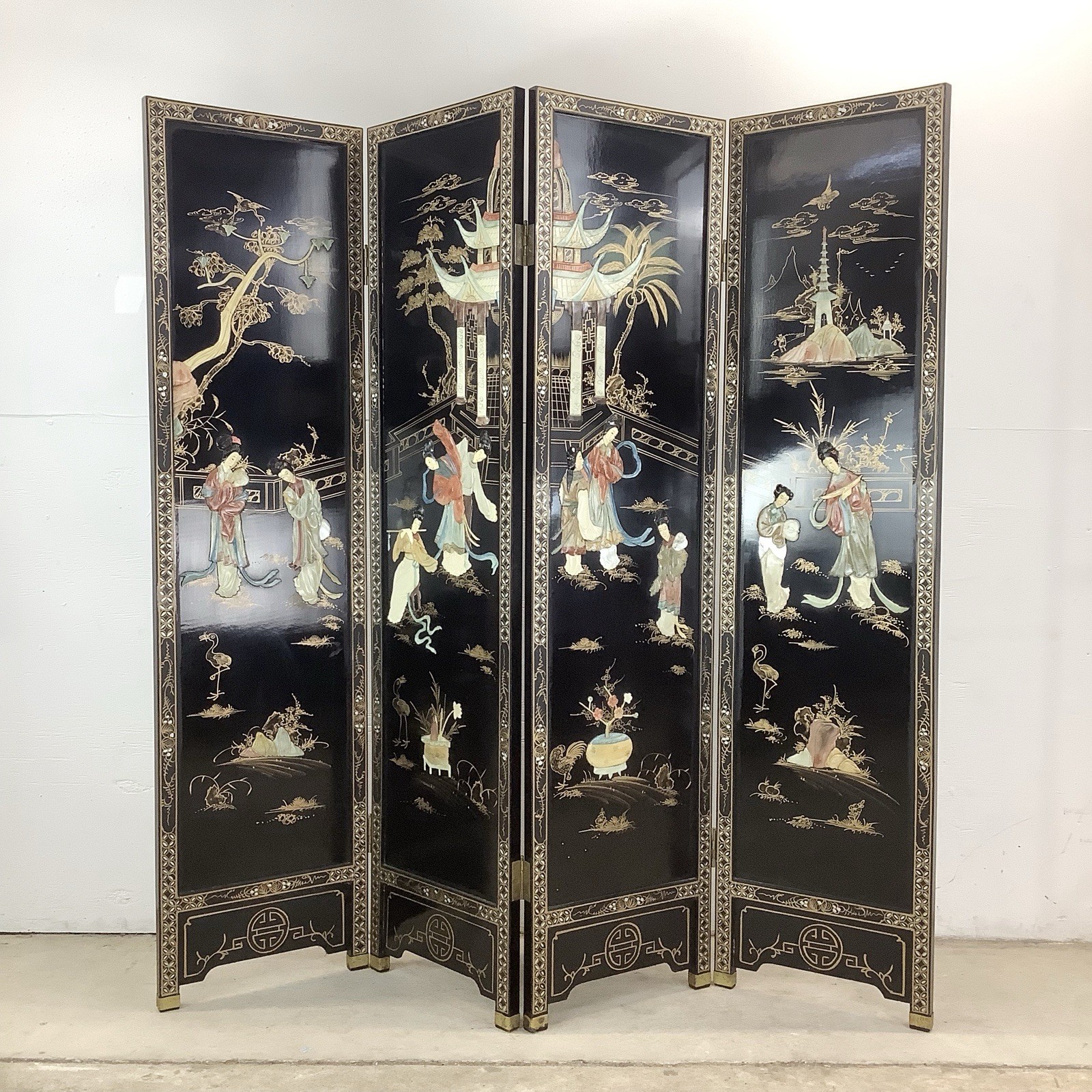 Vintage Black Lacquer Chinoiserie Folding Screen