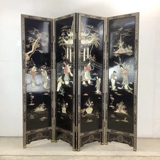 Vintage Black Lacquer Chinoiserie Folding Screen