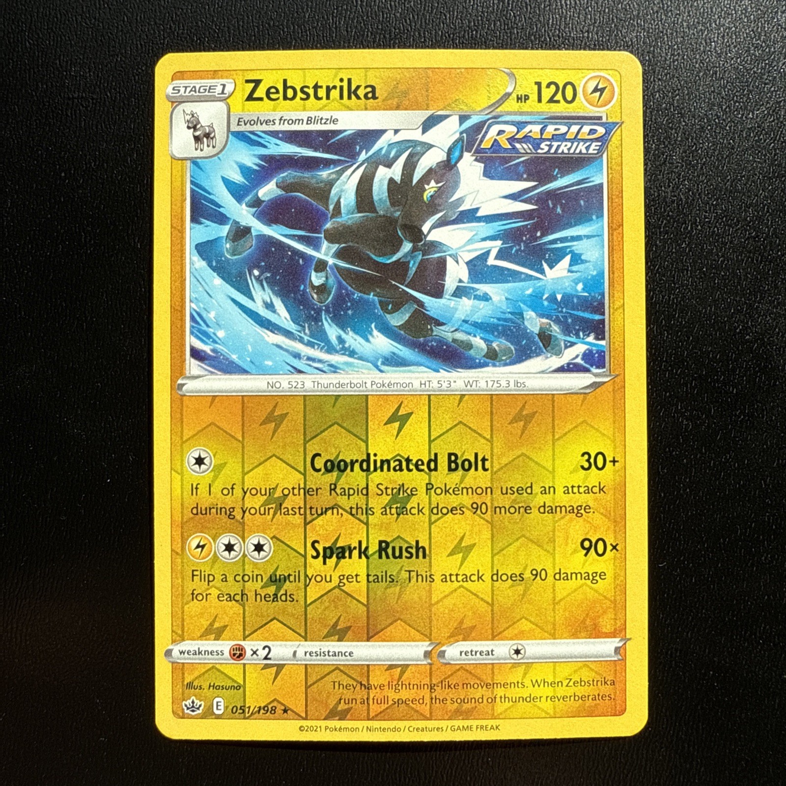 FREE SHIPPING 2021 Pokemon, Chilling Reign, #51/198 Zebstrika, Reverse Holo Rare