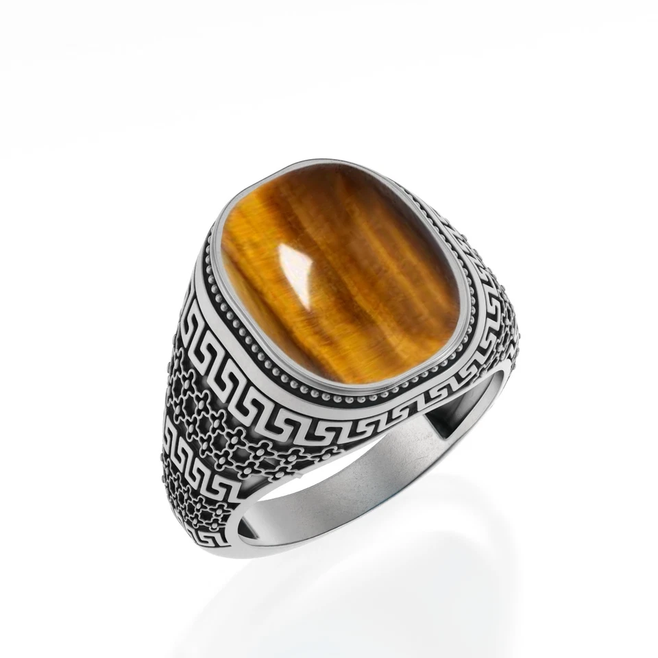 Joyería de regalo única de plata esterlina 925 con múltiples piedras preciosas ojo de tigre para hombre Foto 2 de 4