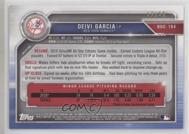 2019 Bowman Chrome Draft Sapphire Edition Orange /25 Deivi Garcia #BDC-164 - Image 2 of 2