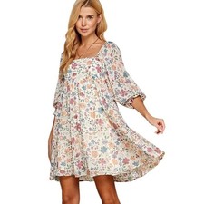 Sweet Lemon Floral Square Neck Babydoll Dress Midi Puff Sleeve M