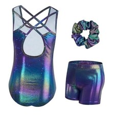 Gymnastics Leotards for Girls with Cross 6-7 Years Gradient Purple Starry Set