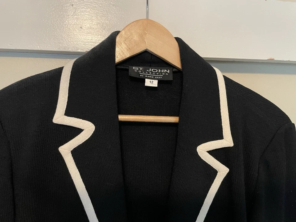 St John Vintage Tejido Negro Recortado Chaqueta Vestido Pantalones US14 L 3 piezas Traje Armario Foto 2 de 4