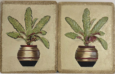 Painted Plaster Hanging Plaque Artwork Potted Palm In Vase 3D 8x10 Set Of 2 Used