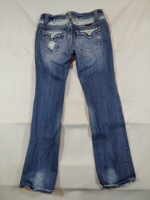 Miss Me Jeans Women 28 Flared Distressed Low Rise Patch Floral Insert Denim Blue