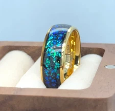 Gold Tungsten Green and Blue Opal & Abalone Fragment Inlay Men's Engagement Ring