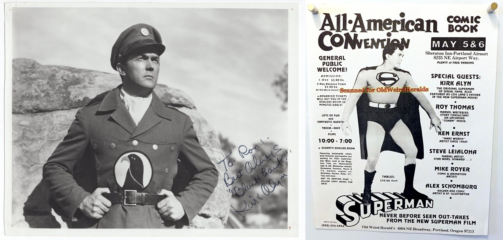 KIRK ALYN SIGNED PHOTO, BLACKHAWK 1940s Movie SERIAL + 1978 Event Flyer SUPERMAN