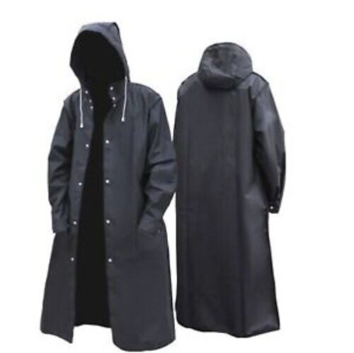 Men Black Waterproof Long Raincoat Rain Coat Hooded Trench Jacket Outdoor Hiking - Picture 1 of 8