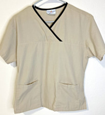 Peaches Uniforms Scrub Top Small Beige Black Trim 2 Pockets SS Uniform Work