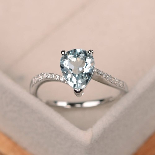 1.70 Ct Real Aquamarine & Lab Created Diamond Wedding Ring 925 Sterling Silver - Picture 8 of 11