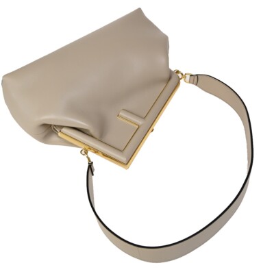 FENDI First Medium 2Way Shoulder Clutch Bag Leather Beige Gold