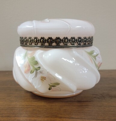 Fenton Pink Floral Sunset Wave Crest Powder Trinket Box ~ Hand Painted & Signed