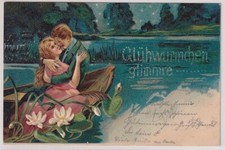 90816 Artist Postcard "Fireflies Glimme" Couple of Lovers Rowing Boat Water Lilies around 1910