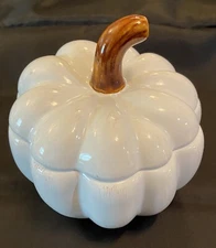 Ceramic White Pumpkin Bowl 6” Bowl w/Stemmed Lid, Over & Back, 25 OZ