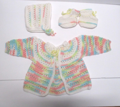 NEW GIRLS HANDMADE CROCHET KNIT PINK PASTEL BABY SWEATER HAT BOOTIES 6 MONTHS #2