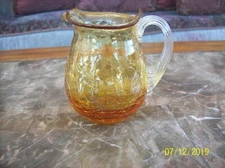 Amber Crackle Glass Small Blown Vintage Ribbed Handled Pitcher