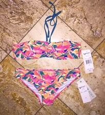 NWT 50 Roxy Girls Biscay Bay Floral Bikini Bandeau 2pc Swimsuit Set Youth L 14