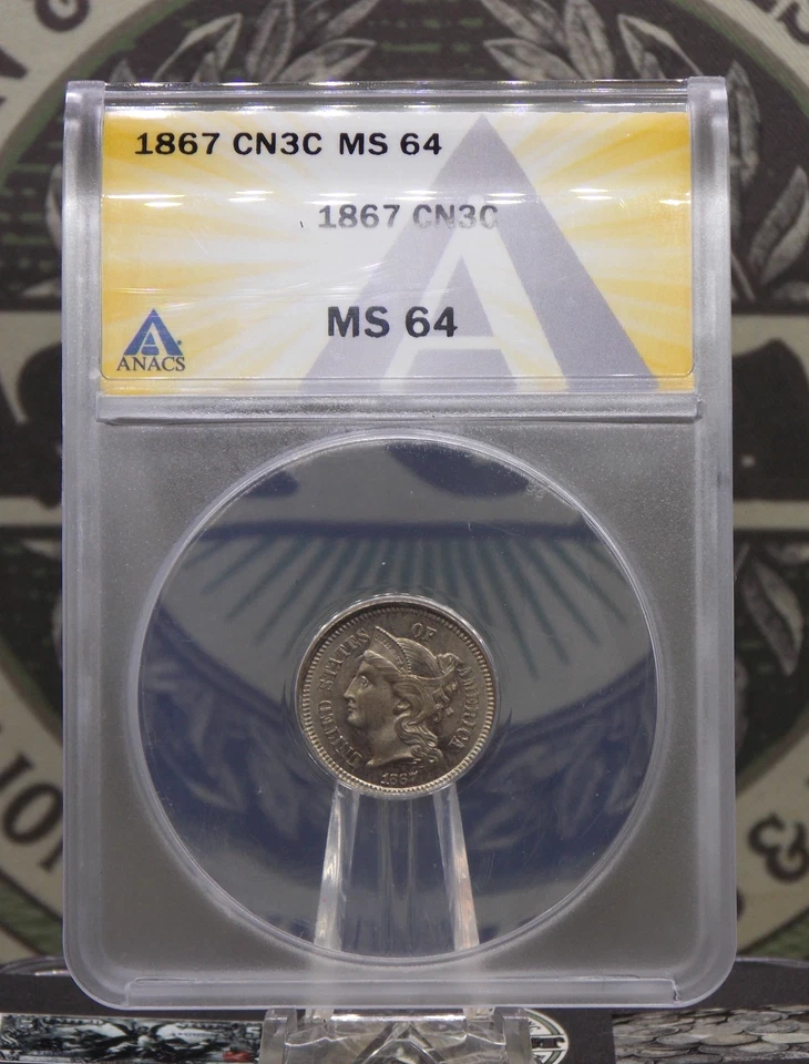 1867 Three Cent Nickel Piece *OBSOLETE* 3CS ANACS MS64 #420 BU Unc ECC&C, Inc. - Image 3 of 4