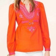 Tory Burch Orange Tunic Top 'Claudia' Embroidered Peasant Boho Orange/Pink 2