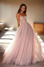 Strapless Sweetheart Corset Ball Gown Blush Tulle Flowy Formal Evening Dress