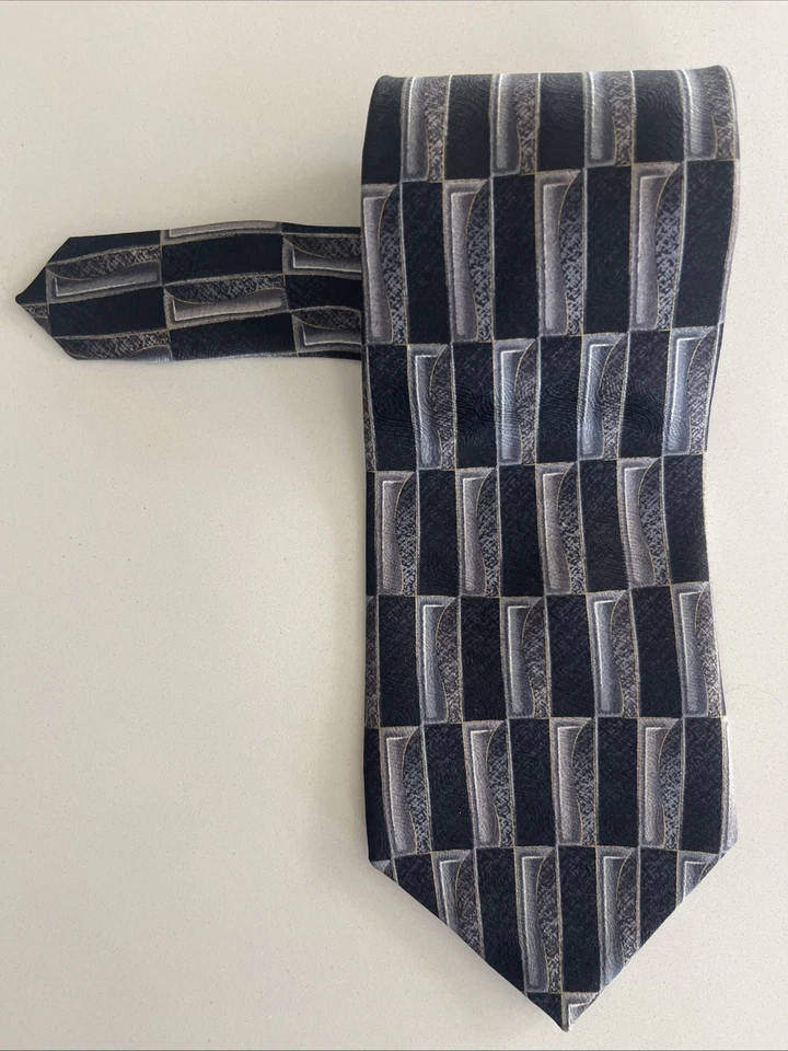 Corbata LOUIS ROTH 100% Seda Azul y Negro y Gris Geométrica Seda Italiana Foto 2 de 4